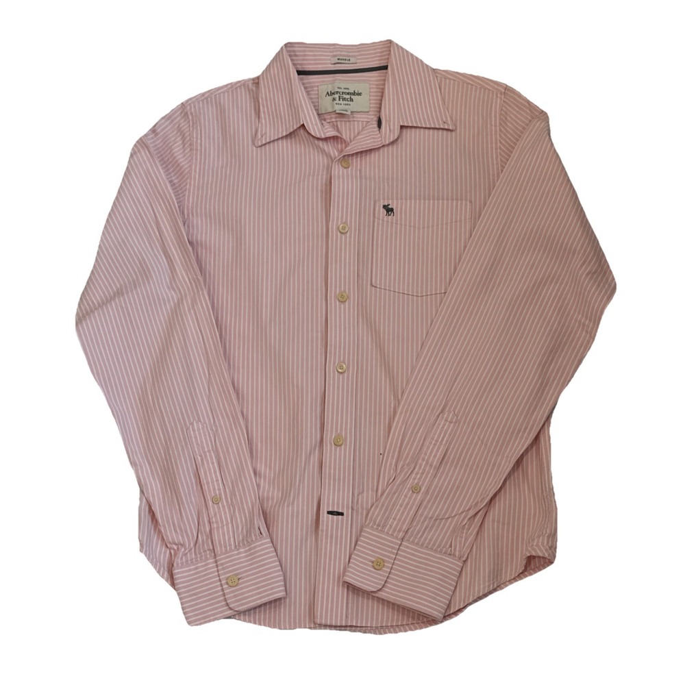 Abercrombie & Fitch Shirt Men Large Pink Casual‎ Button Down Stripes -Read